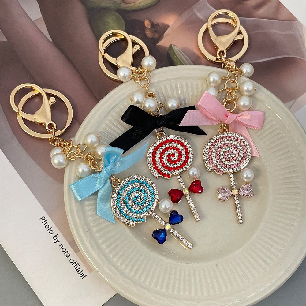2024 New Arrival Keyring Shiny Rhinestone Cute Bowknot Women Car Key Chain Gold Plated Bling Crystal Lollipop Pendant Keychains