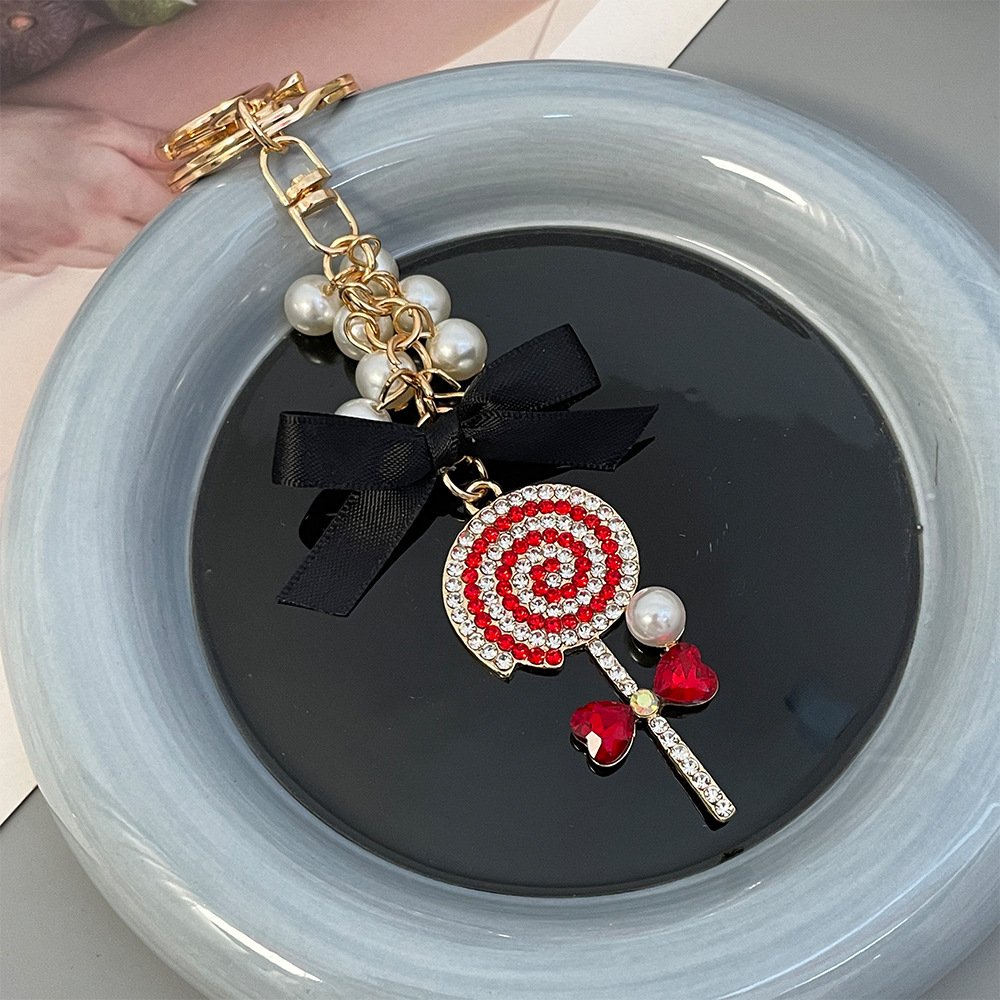 2024 New Arrival Keyring Shiny Rhinestone Cute Bowknot Women Car Key Chain Gold Plated Bling Crystal Lollipop Pendant Keychains