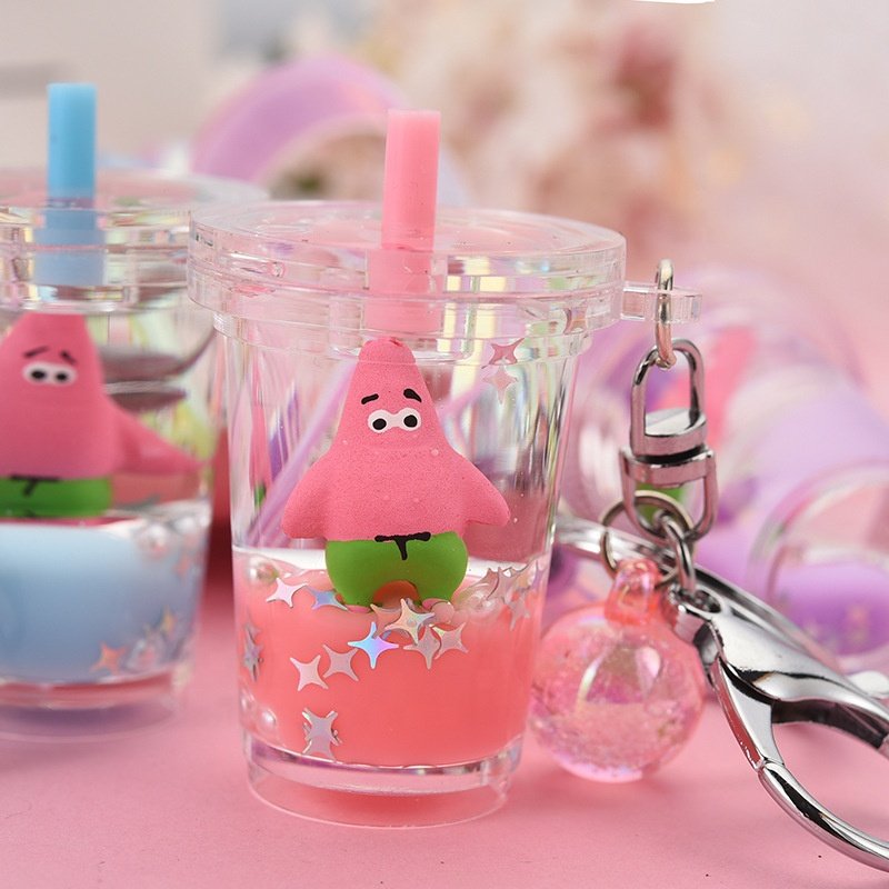 Creative acrylic cartoon cute Milk tea cup Oil floating Liquid Quicksand keychain bag pendant car key chain accessories