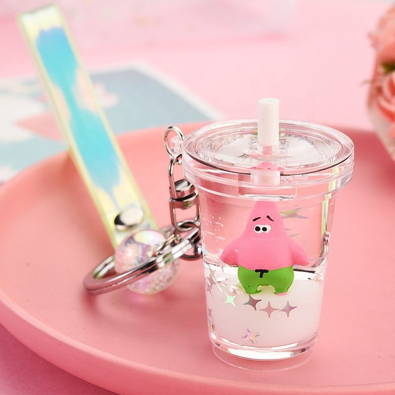 Creative acrylic cartoon cute Milk tea cup Oil floating Liquid Quicksand keychain bag pendant car key chain accessories