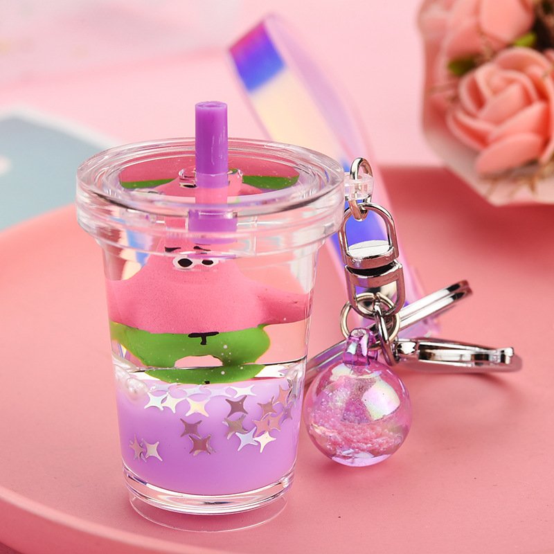Creative acrylic cartoon cute Milk tea cup Oil floating Liquid Quicksand keychain bag pendant car key chain accessories