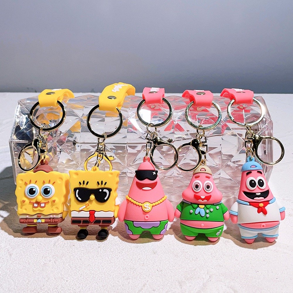 3D PVC Anime keychain Kawaii cartoon rubber custom SpongeBob keychain Cute car Bag Pendant Keyring Sponge Doll Key Chain