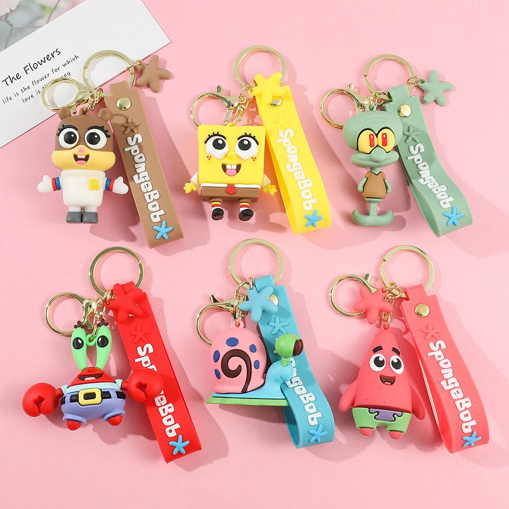 3D PVC Anime keychain Kawaii cartoon rubber custom SpongeBob keychain Cute car Bag Pendant Keyring Sponge Doll Key Chain