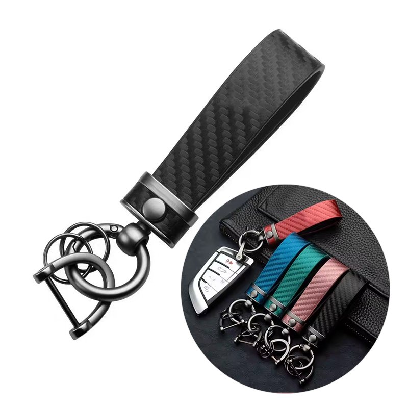 Mens Keychain Carbon Fiber Car Keychain Spring Keyring Leather Key Fob Car Accessories Anti Lost Car Key Chains Organizer D-ring