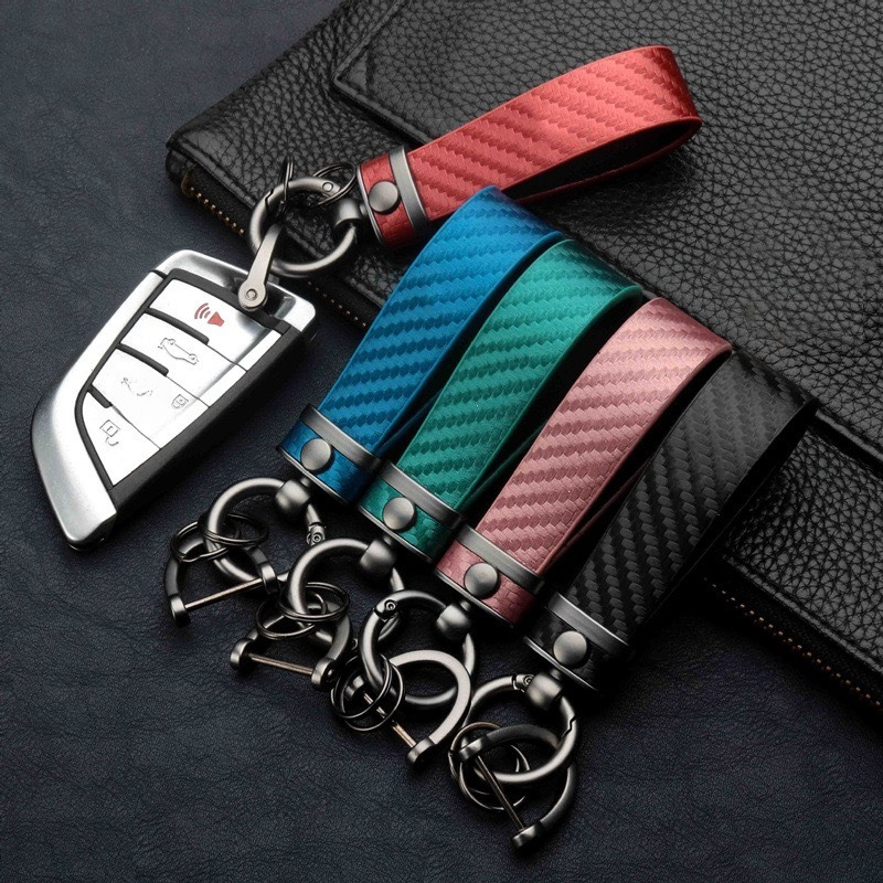 Mens Keychain Carbon Fiber Car Keychain Spring Keyring Leather Key Fob Car Accessories Anti Lost Car Key Chains Organizer D-ring
