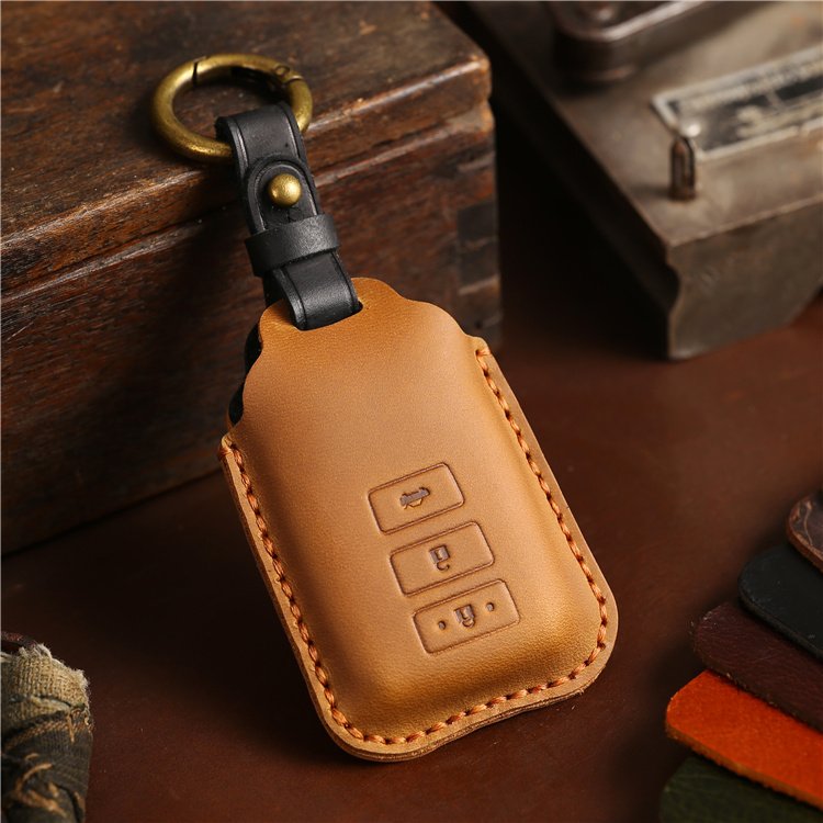 Genuine Leather Car Key Case Cover for Toyota Yaris Smart 3 Buttons Car Key Fob Case With Hand Sewing Keychain