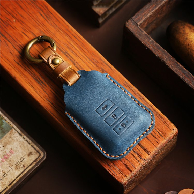 Genuine Leather Car Key Case Cover for Toyota Yaris Smart 3 Buttons Car Key Fob Case With Hand Sewing Keychain