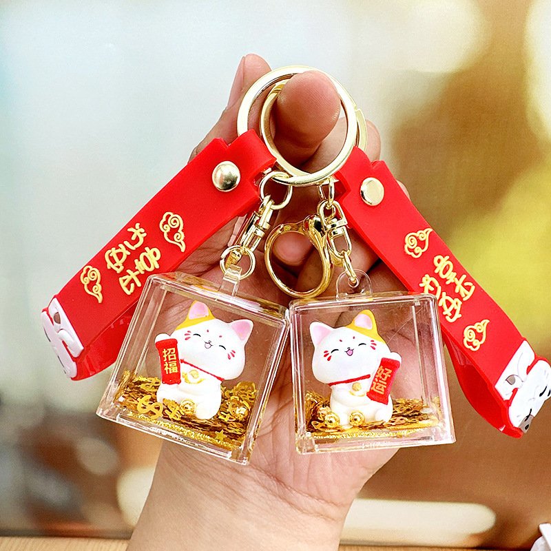 Xinxing Cute Floating Oil Lucky Cat Keychain Acrylic Transparent Pendant Floating Bottle Car Keyring Dolls Key Chain Couple