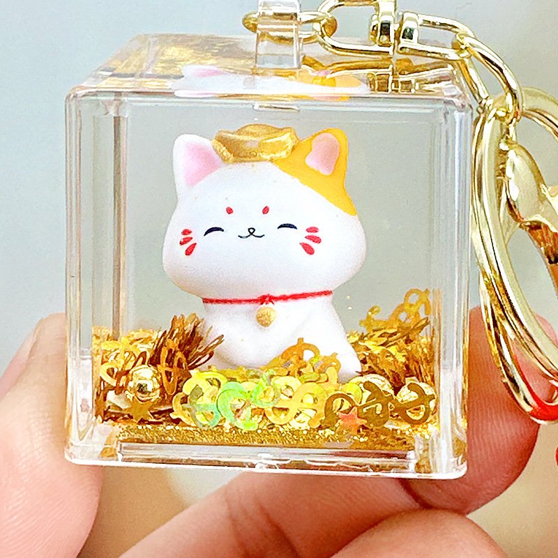 Xinxing Cute Floating Oil Lucky Cat Keychain Acrylic Transparent Pendant Floating Bottle Car Keyring Dolls Key Chain Couple