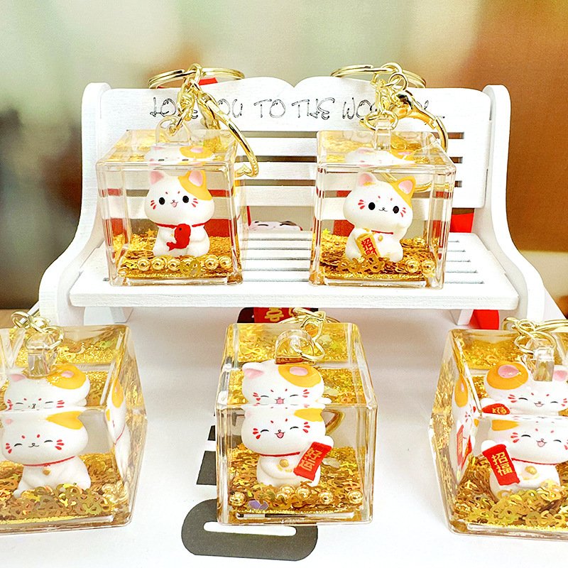 Xinxing Cute Floating Oil Lucky Cat Keychain Acrylic Transparent Pendant Floating Bottle Car Keyring Dolls Key Chain Couple