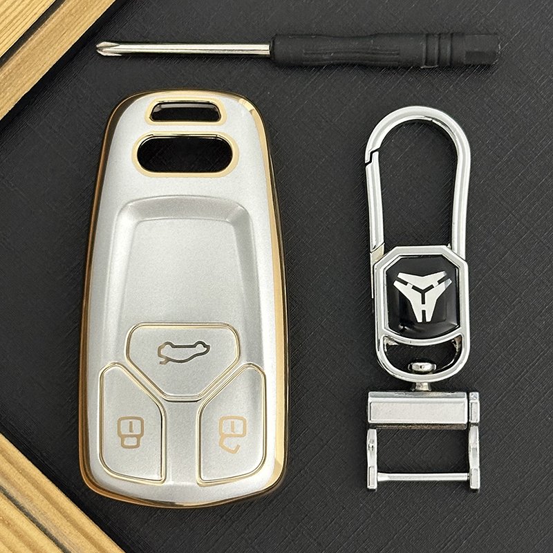 TPU luxury Soft TPU 3 buttons Gold key case Key cover with Keychain Accessories for Audi A4 B9 A5 S5 Q5 SQ5 Q7 SQ7 Key Fob Cover