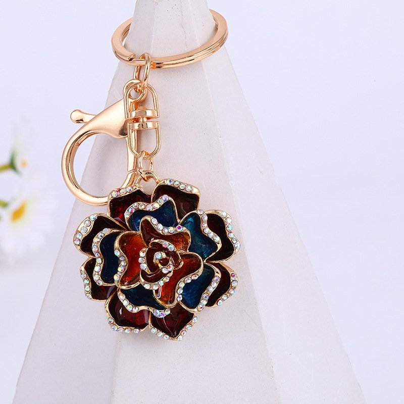 2024 Wholesale Valentines Gifts Rhinestone Rose Pendant Key Chains Zinc Alloy Metal Crystal Flower Keyrings Women Keychains