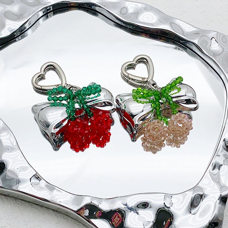 Wholesale Handmade Knitted Crystal Cherry Keychain Metal Bow Keychain Cute Fruit Keychain Bag Pendant