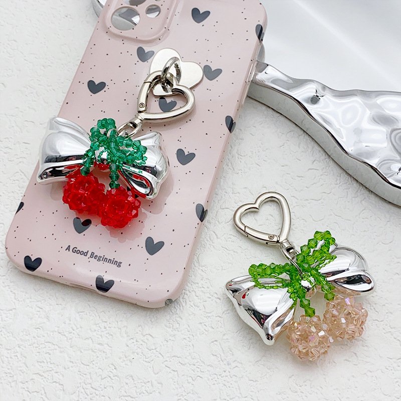 Wholesale Handmade Knitted Crystal Cherry Keychain Metal Bow Keychain Cute Fruit Keychain Bag Pendant