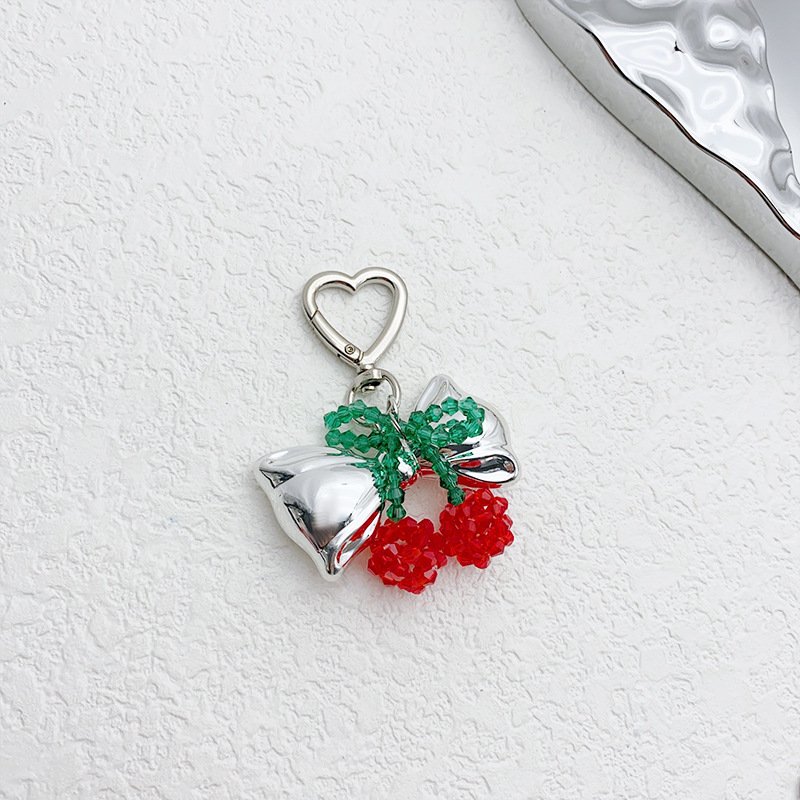 Wholesale Handmade Knitted Crystal Cherry Keychain Metal Bow Keychain Cute Fruit Keychain Bag Pendant