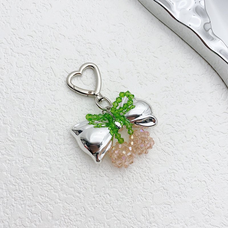 Wholesale Handmade Knitted Crystal Cherry Keychain Metal Bow Keychain Cute Fruit Keychain Bag Pendant