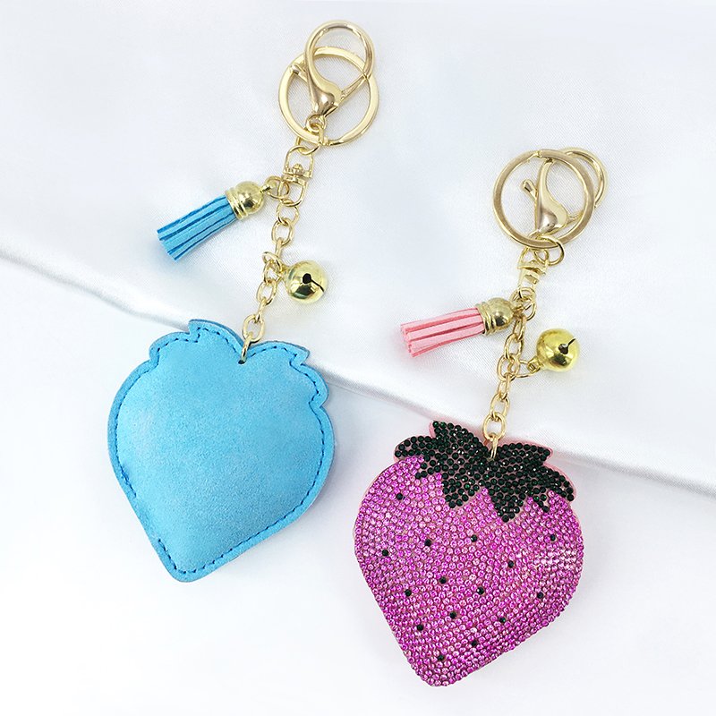 New Korean Velvet Rhinestone Strawberry Fruit Series Keychain Pendant Bell Tassel Accessories Car Key Bag Charm