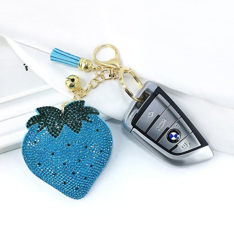 New Korean Velvet Rhinestone Strawberry Fruit Series Keychain Pendant Bell Tassel Accessories Car Key Bag Charm