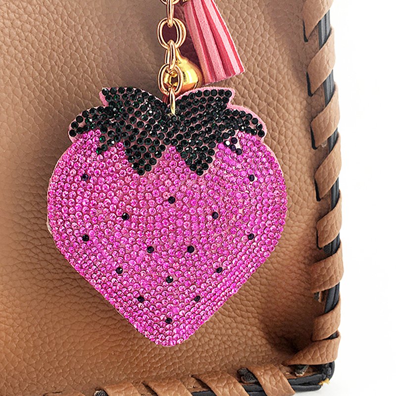 New Korean Velvet Rhinestone Strawberry Fruit Series Keychain Pendant Bell Tassel Accessories Car Key Bag Charm