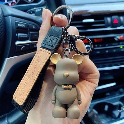 Luxury Car Keychain Thumb Trigger Hook Key Ring Kawaii Bear Resin Keychain With Leather Wristlet Keychains