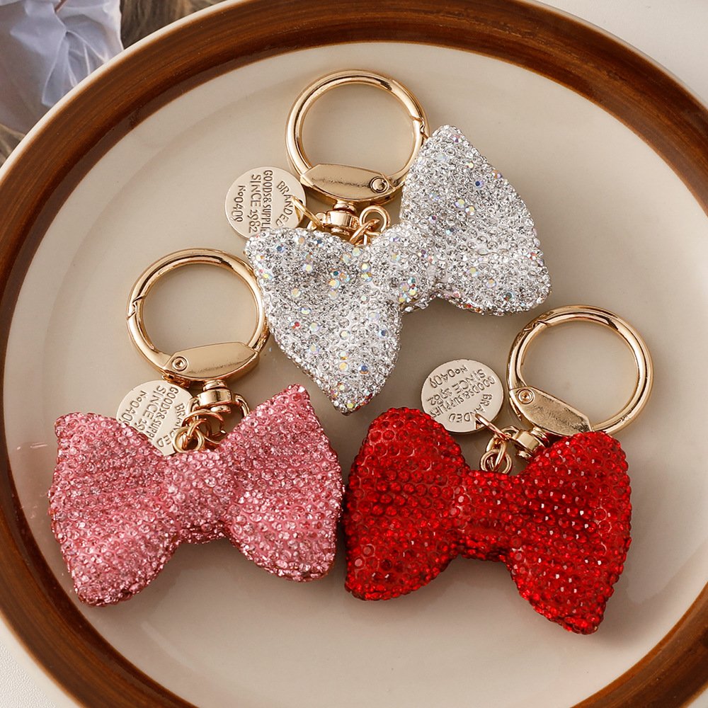 2023 New Design Women Shiny Rhinestone Handbag Decoration Gold Plated Keyring Car Key Accessories Cute Crystal Bow Keychains