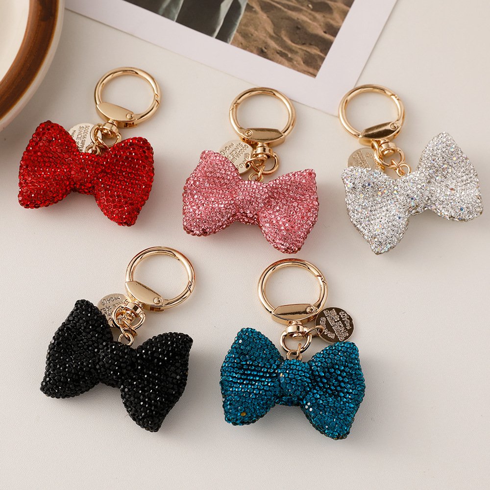 2023 New Design Women Shiny Rhinestone Handbag Decoration Gold Plated Keyring Car Key Accessories Cute Crystal Bow Keychains