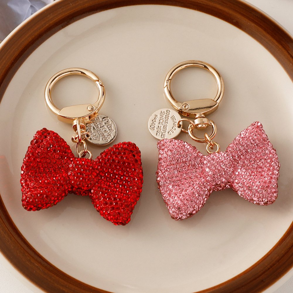 2023 New Design Women Shiny Rhinestone Handbag Decoration Gold Plated Keyring Car Key Accessories Cute Crystal Bow Keychains