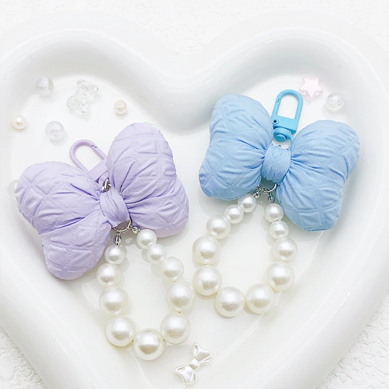Wholesale cute bow keychain sweet purple beaded keychain pearl pendant bag pendant car keychain mobile phone chain