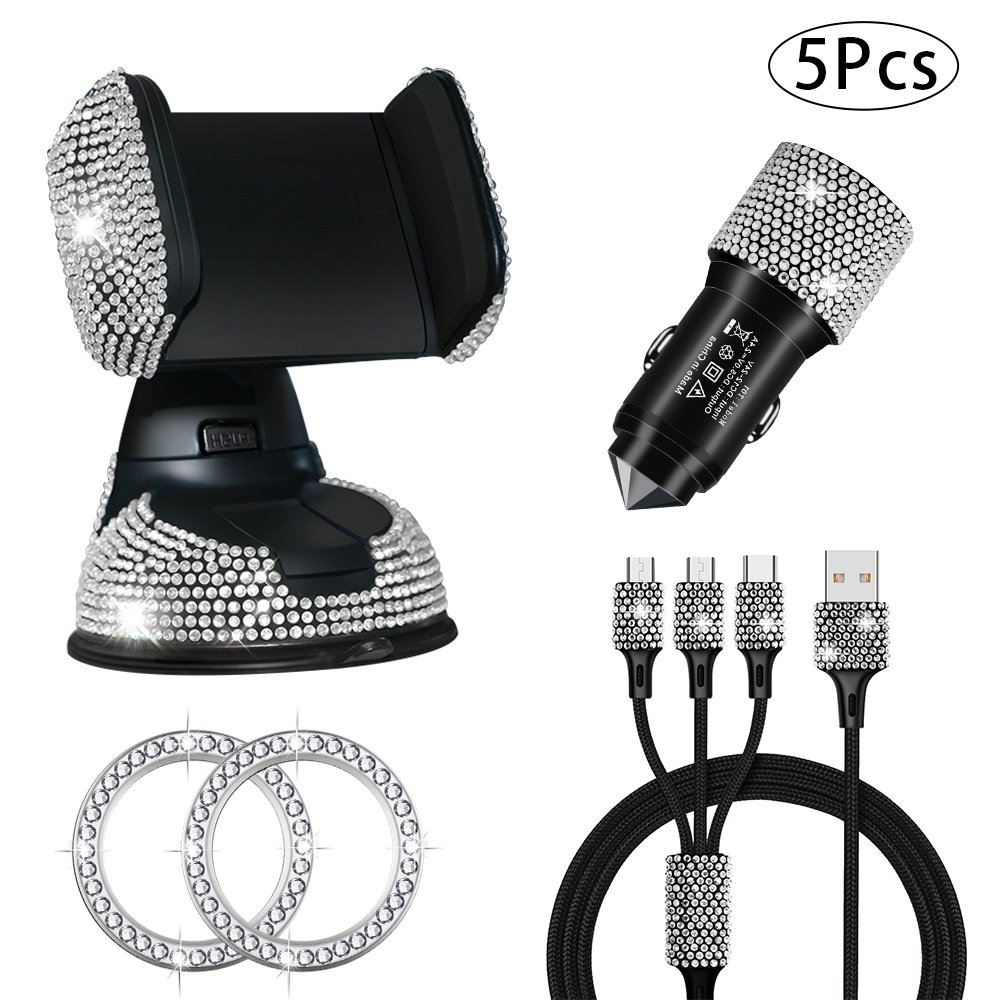 5Pcs Bling Crystal Plastic Car Mobile Phone Holder Auto Charger 3-in-1 Charging Cable One-key Start Button Covers