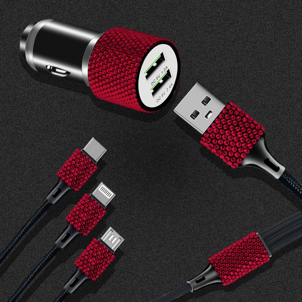 5Pcs Bling Crystal Plastic Car Mobile Phone Holder Auto Charger 3-in-1 Charging Cable One-key Start Button Covers