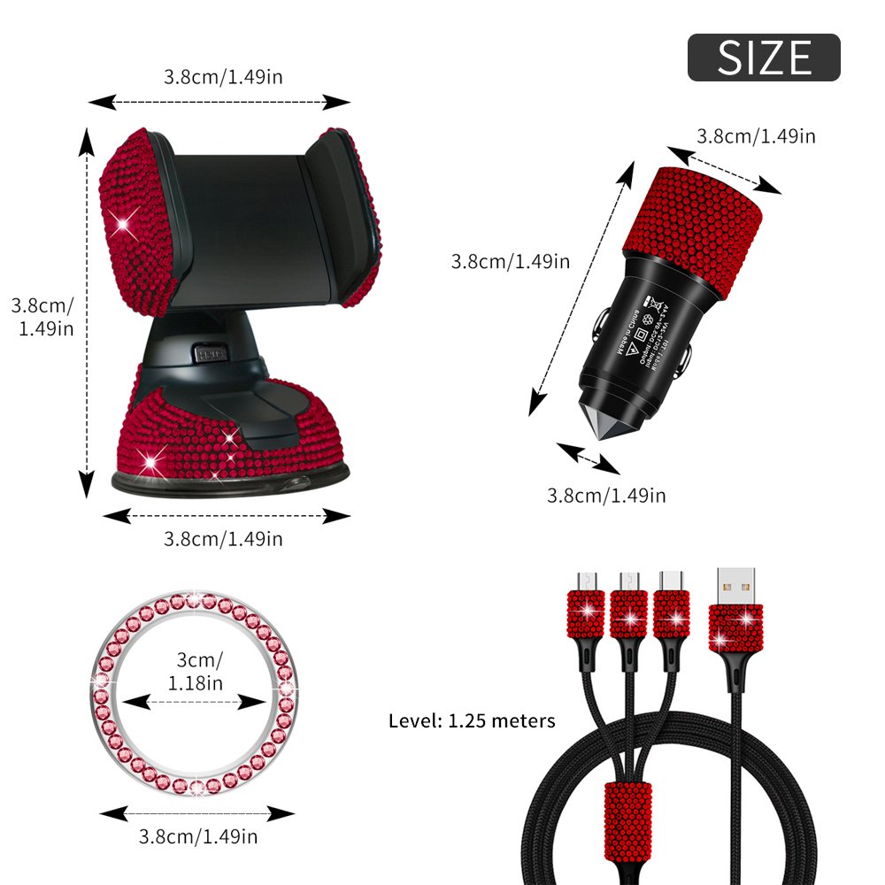 5Pcs Bling Crystal Plastic Car Mobile Phone Holder Auto Charger 3-in-1 Charging Cable One-key Start Button Covers