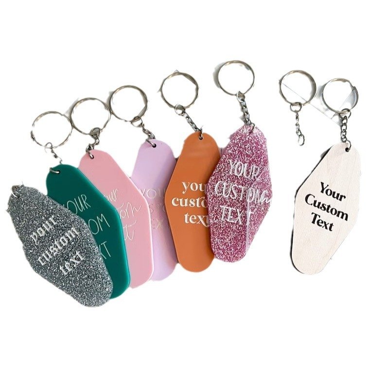 ABS glitter key chain custom logo Charms Key tags promotion blank plastic Retro vintage motel room hotel keychain pendant