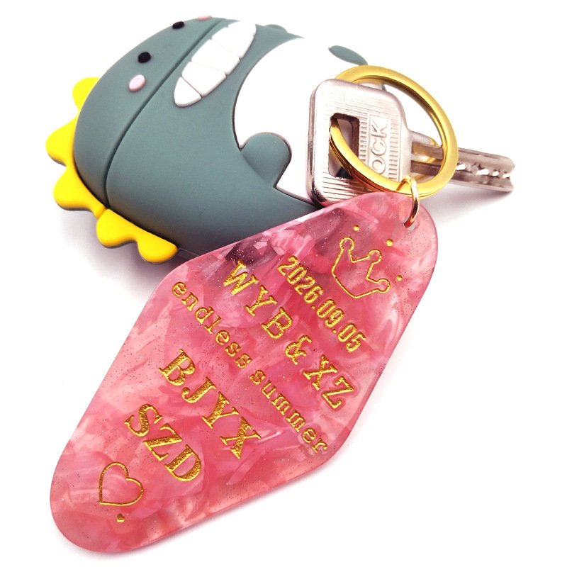 ABS glitter key chain custom logo Charms Key tags promotion blank plastic Retro vintage motel room hotel keychain pendant