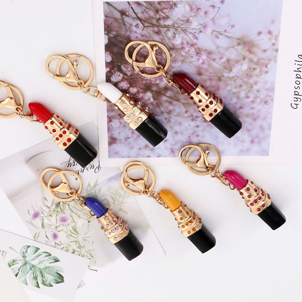 High Quality Zinc Alloy Diamond Gold Stainless Steel Metal Fob Lipstick Case Keychain Accessories For Girls