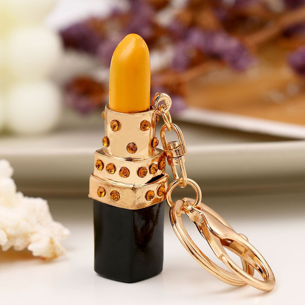 High Quality Zinc Alloy Diamond Gold Stainless Steel Metal Fob Lipstick Case Keychain Accessories For Girls