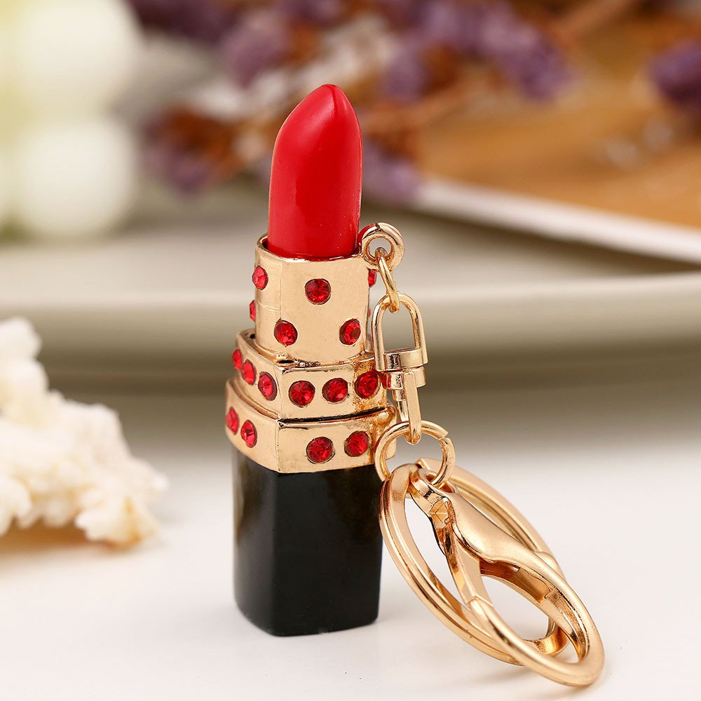 High Quality Zinc Alloy Diamond Gold Stainless Steel Metal Fob Lipstick Case Keychain Accessories For Girls