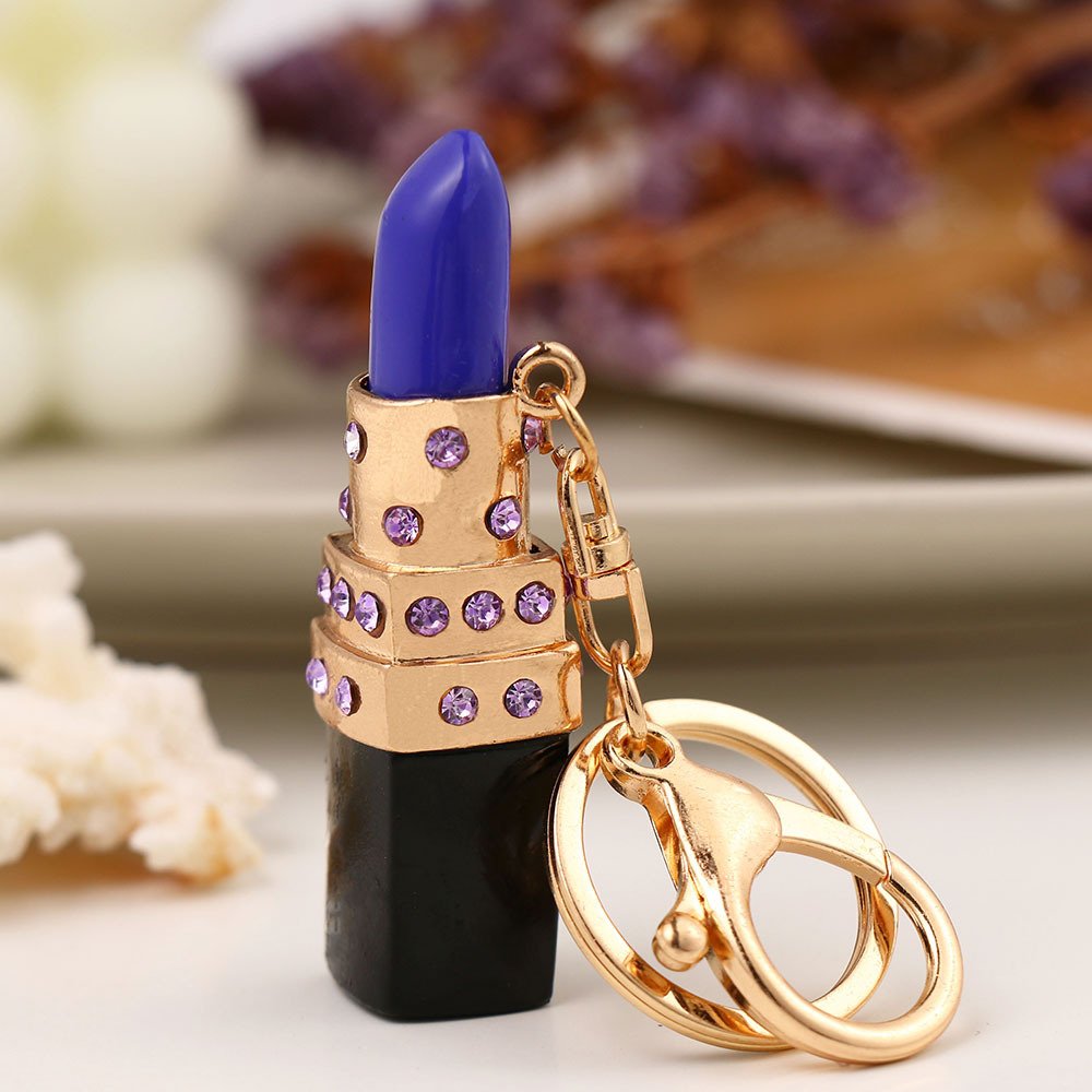 High Quality Zinc Alloy Diamond Gold Stainless Steel Metal Fob Lipstick Case Keychain Accessories For Girls
