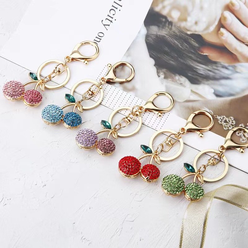 Bling Big Rhinestone Cherry Keychains Bag Decoration Full Shiny Crystal Women Car Key Accessories Cherry Charm Keychain