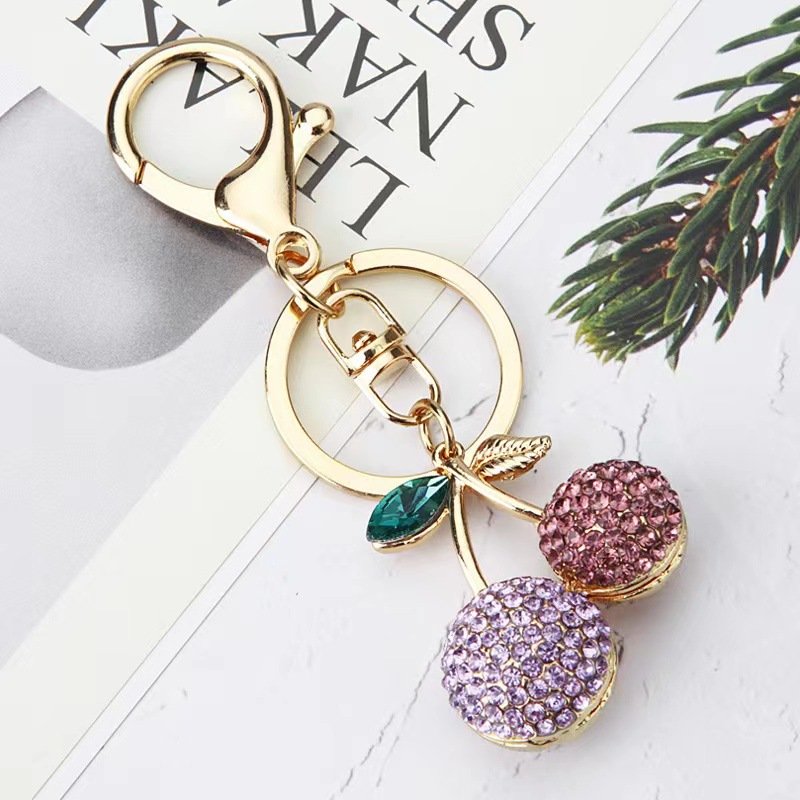 Bling Big Rhinestone Cherry Keychains Bag Decoration Full Shiny Crystal Women Car Key Accessories Cherry Charm Keychain
