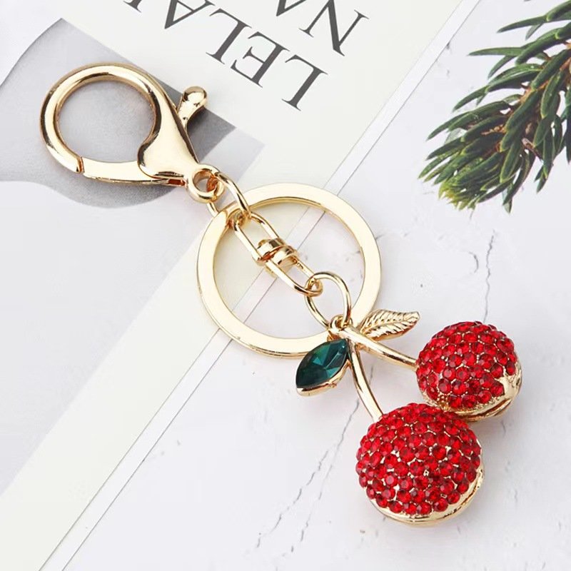 Bling Big Rhinestone Cherry Keychains Bag Decoration Full Shiny Crystal Women Car Key Accessories Cherry Charm Keychain