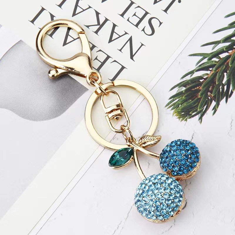 Bling Big Rhinestone Cherry Keychains Bag Decoration Full Shiny Crystal Women Car Key Accessories Cherry Charm Keychain