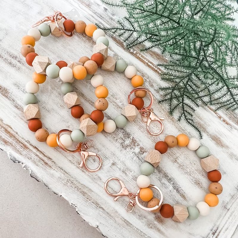 Fall Silicone Wood Beads Wristlet Keychain Beaded Bangle Bracelet Keychain For Bag Car Holder Key Ring Accessory