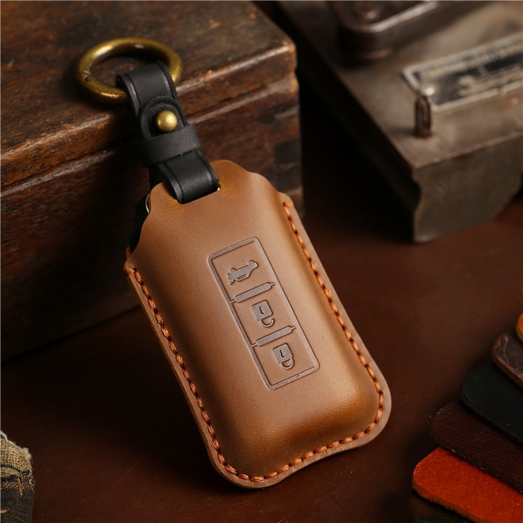 Hot Sale Genuine Crazy Horse Leather Car Key Case Cover for Mitsubishi ASX Outlander 3 Buttons Accessories with keychain