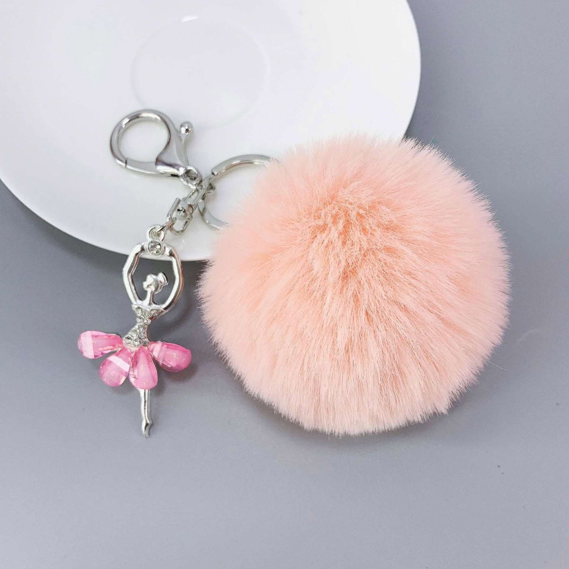Promotion fashion Pom Pom Keychain Crystal Ballet Dancer Keyring Pendent Cute Rabbit Fur puff ball Plush Key Chains Accessories