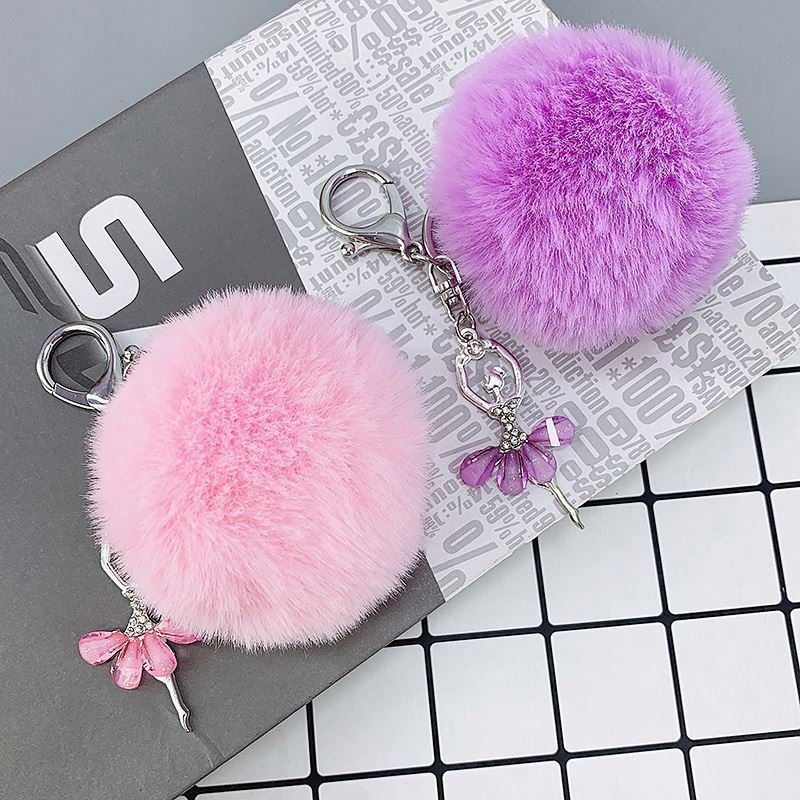 Promotion fashion Pom Pom Keychain Crystal Ballet Dancer Keyring Pendent Cute Rabbit Fur puff ball Plush Key Chains Accessories