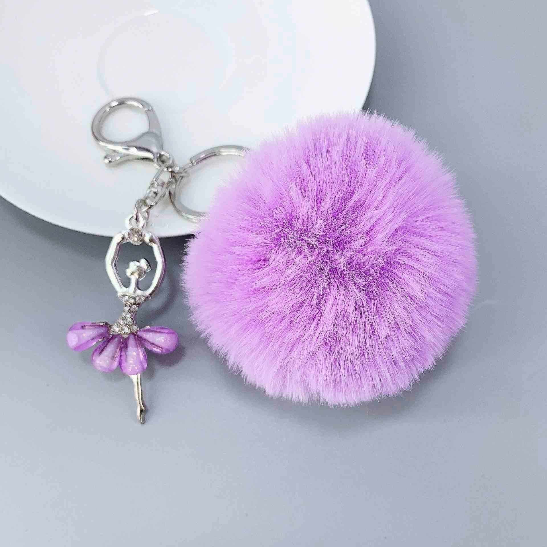Promotion fashion Pom Pom Keychain Crystal Ballet Dancer Keyring Pendent Cute Rabbit Fur puff ball Plush Key Chains Accessories