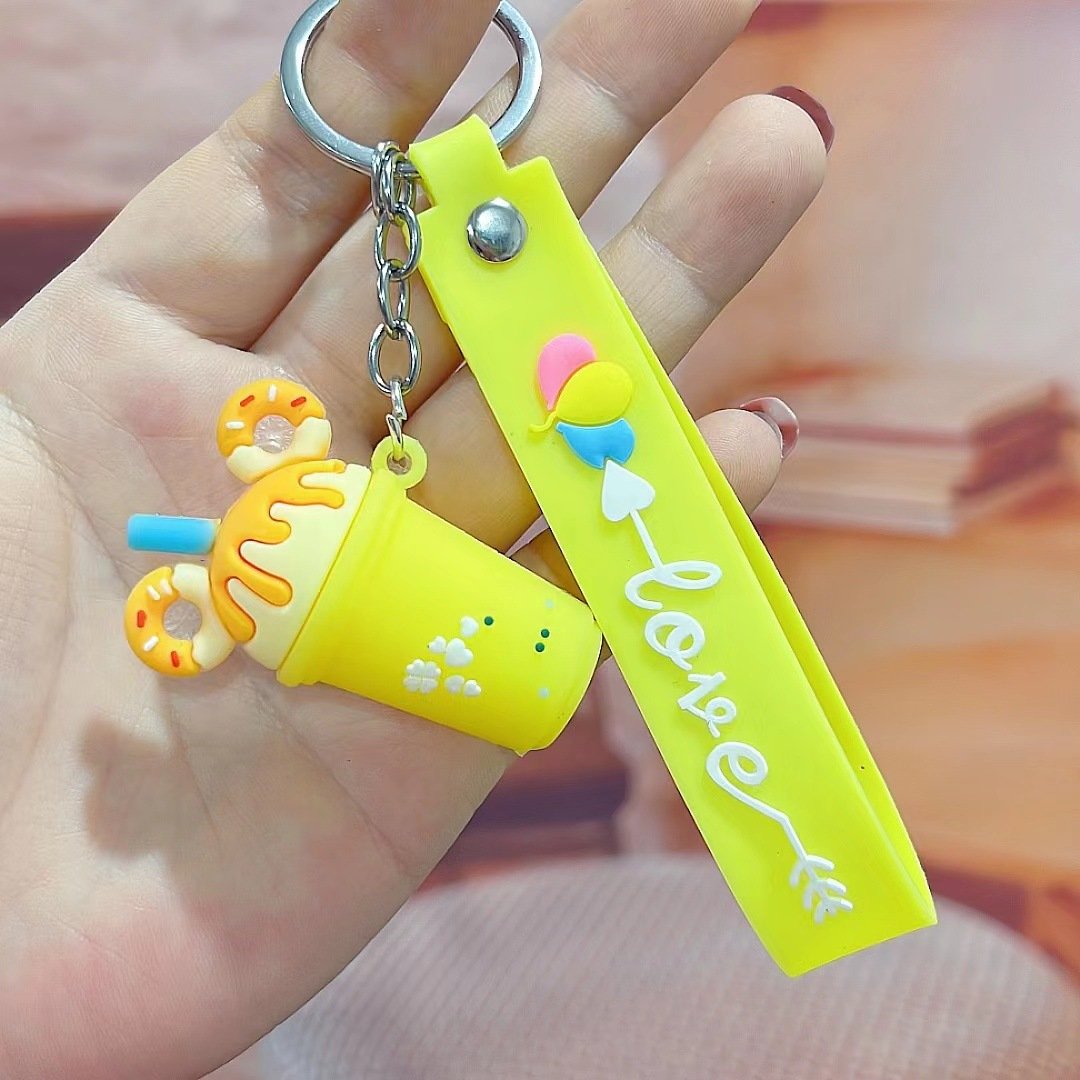 3D Ice Cream Keychains Soft Pvc Rubber Milk Tea Cup Cute Car Gift Accessories for Key Holder
