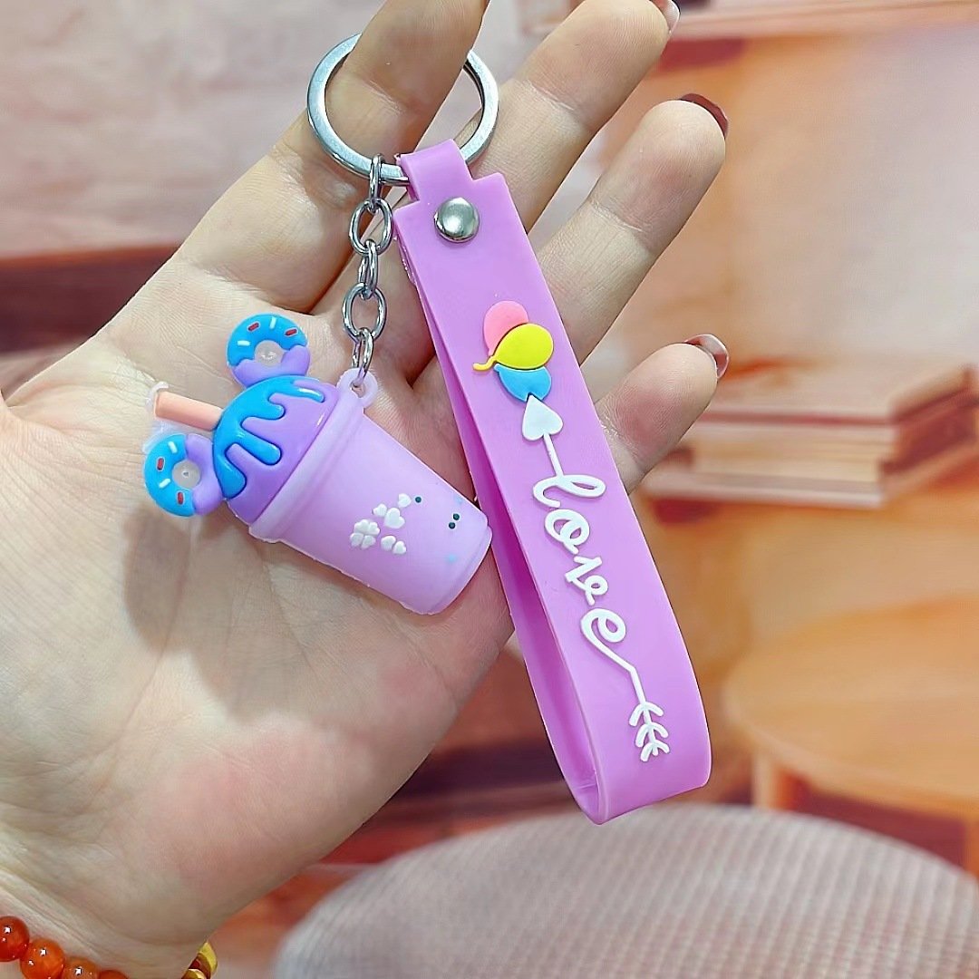 3D Ice Cream Keychains Soft Pvc Rubber Milk Tea Cup Cute Car Gift Accessories for Key Holder