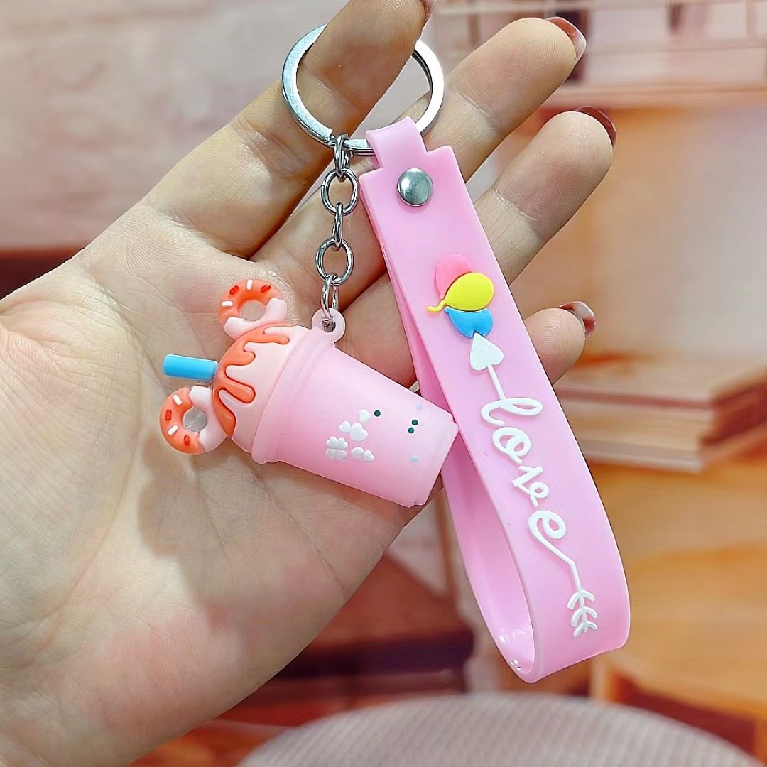 3D Ice Cream Keychains Soft Pvc Rubber Milk Tea Cup Cute Car Gift Accessories for Key Holder