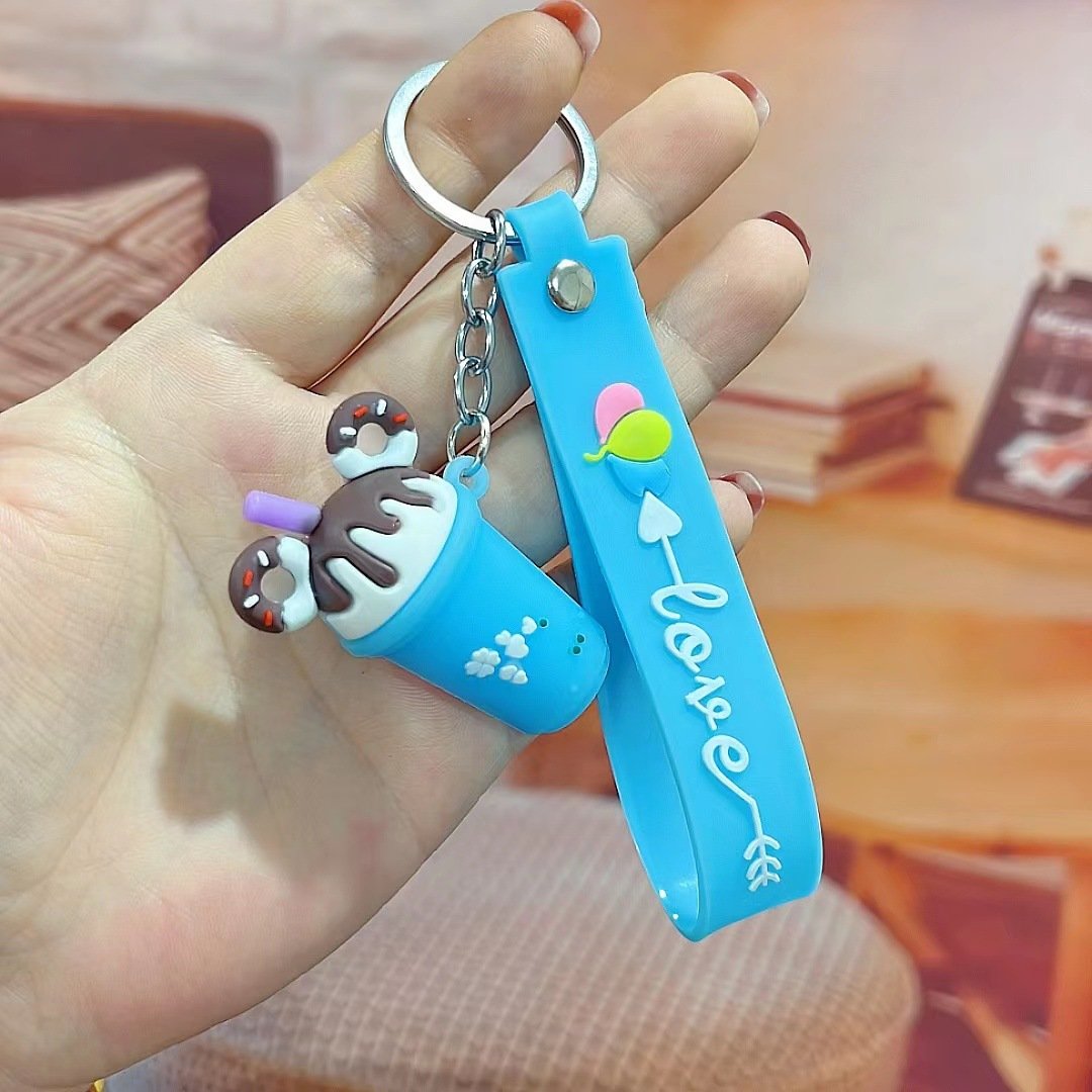 3D Ice Cream Keychains Soft Pvc Rubber Milk Tea Cup Cute Car Gift Accessories for Key Holder